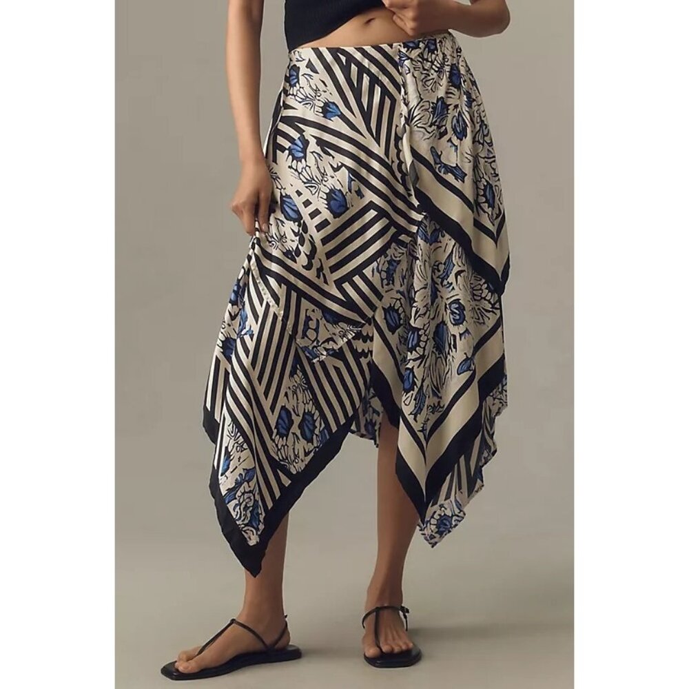 Anthropologie Asymmetrical Handkerchief Skirt in Cream, Black & Blue